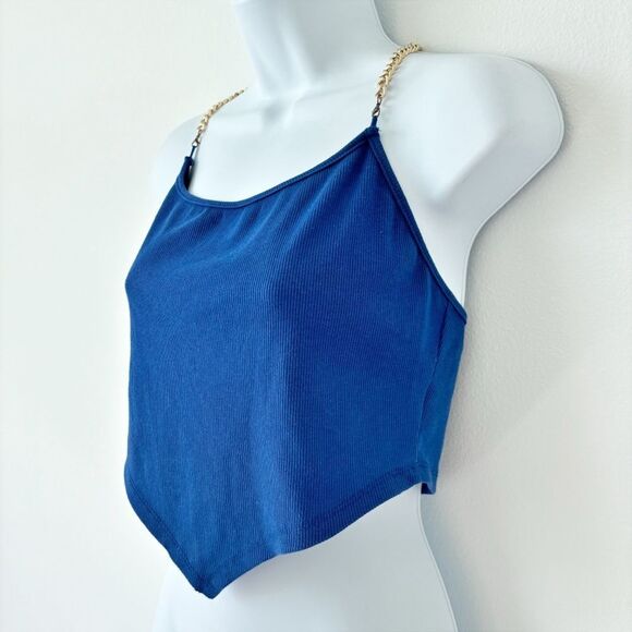 Women's Blue Gold Chain Straps Stretch Sleeveless Cropped Top Larg - Picture 5 of 7